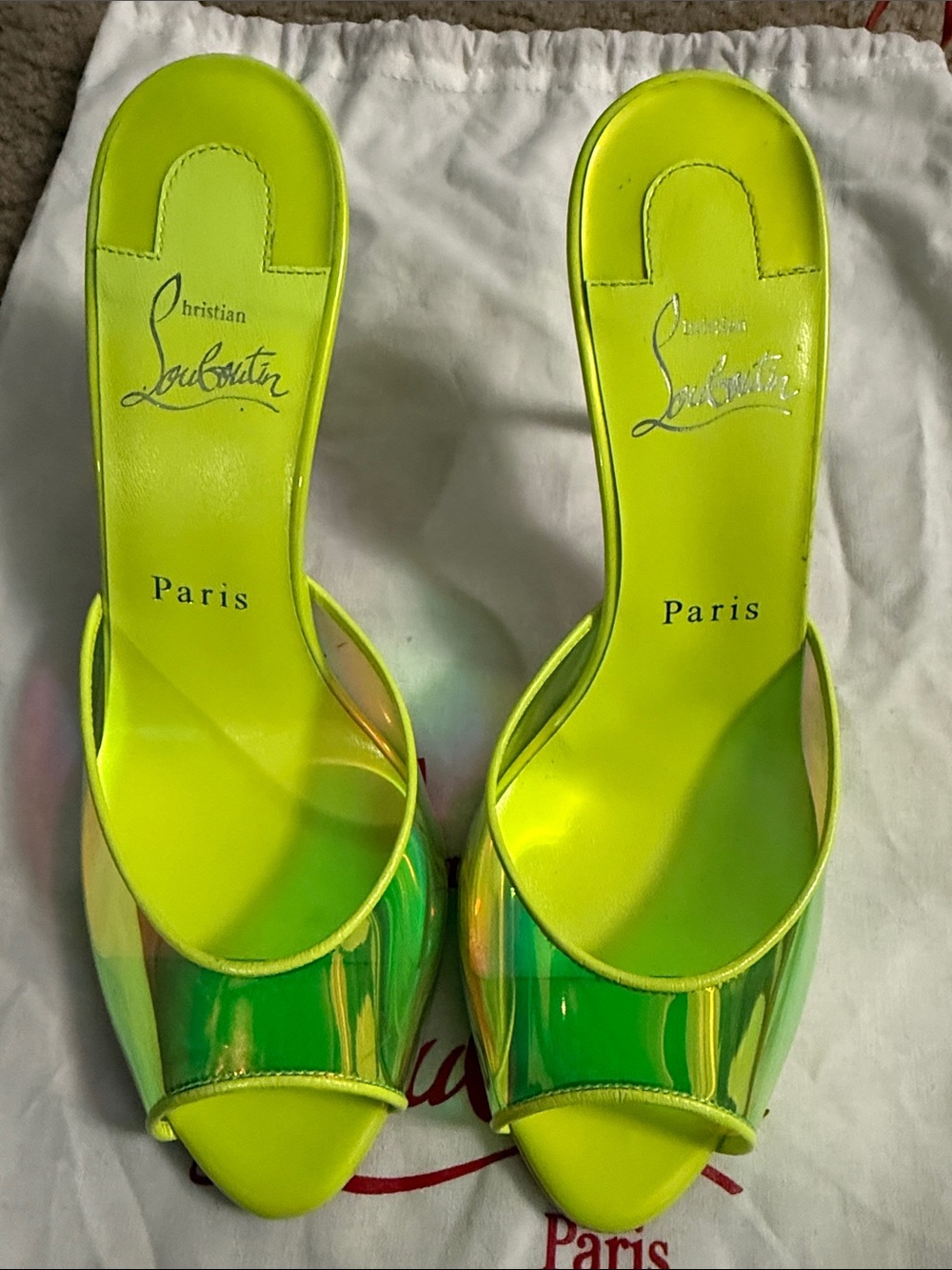 Christian Louboutin Neon Lime Iridescent Open-Toe Slide Mules